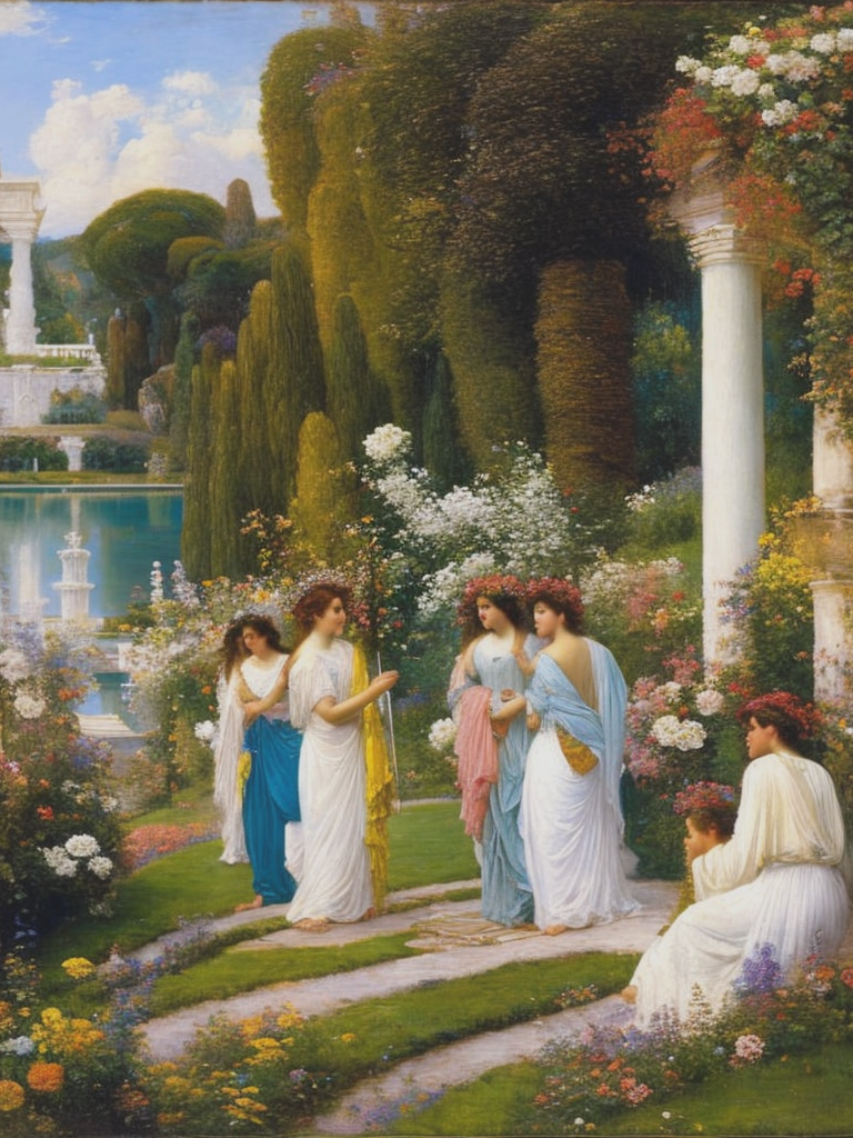 03178-4189329484-victorian painting, sir lawrence alma-tadema style, group of people in a white temple near a lake on a garden full of flowers an.png